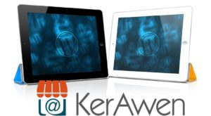 Deux tablettes avec pour fond d’écran le logo de WordPress, avec en dessous le logo du logiciel de caisse WordPress KerAwen.