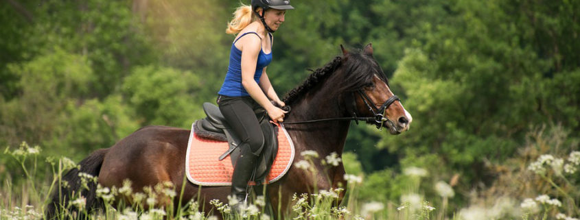 Jeune femme à cheval dans la campagne.