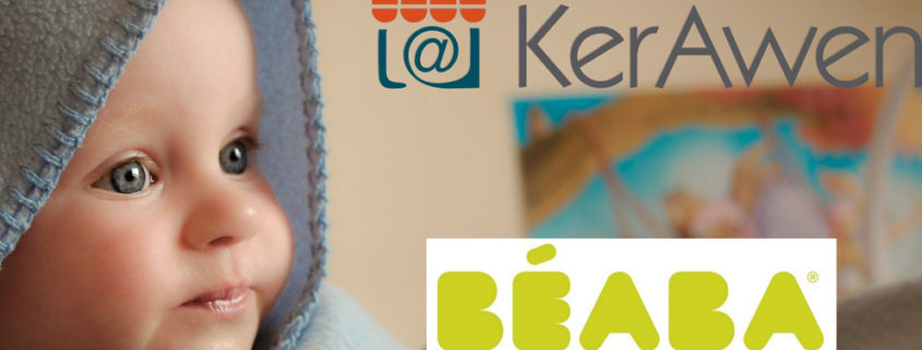 Bébé regardant le logo de la sociétés Béaba et le logo de KerAwen, logiciel de caisse pour magasin de puériculture.