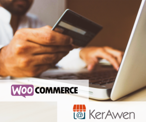 Un homme paye en ligne. Apparaissent en dessous les logos WooCommerce et logiciel de caisse KerAwen.