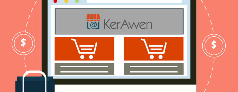 Écran d’ordinateur sur le lequel apparaissent deux caddies et le logo de KerAwen, logiciel de caisse pour e-commerce.