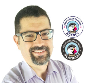 Le fondateur de l’agence web Écomiz, souriant, deux logos PrestaShop apparaissent à côté de son visage.