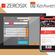 Écran de la caisse KerAwen à côté d’un téléphone portable où apparaît un message de la solution de fidélisation Zerosix.