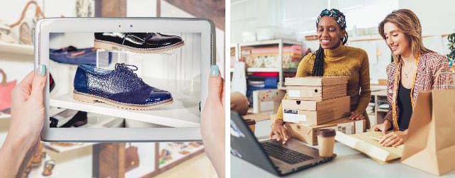 Une première image présente des mains tenant une tablette où s'affichent des produits à acheter ; une deuxième image montre deux caissières utilisant un logiciel de caisse multimagasin.