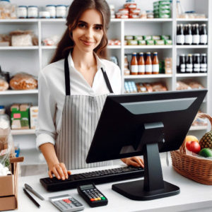 Une épicière dans sa petite épicerie. Elle est derrière sa caisse enregistreuse. On voit derrière elle les rayons de son magasin. Sa caisse enregistreuse est un PC.