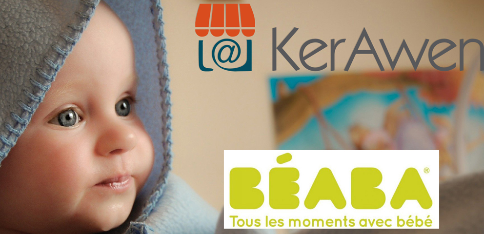 Bébé regardant le logo de la sociétés Béaba et le logo de KerAwen, logiciel de caisse pour magasin de puériculture.