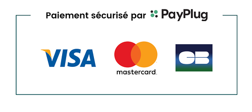 Symboles des principales cartes de paiement (visa, mastercards, carte bleue) précédés de la notification : "Paiement sécurisé par PayPlug."