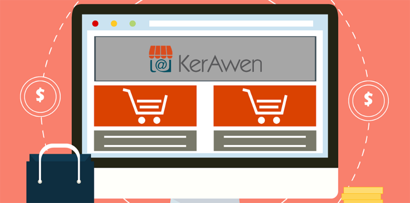 Écran d’ordinateur sur le lequel apparaissent deux caddies et le logo de KerAwen, logiciel de caisse pour e-commerce.