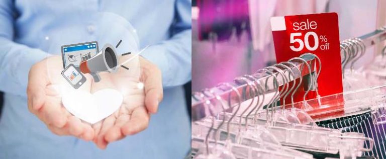 Image de soldes jointe à une autre montrant des mains tendues montrant les possibilités qu'offre un logiciel de caisse en matière d'offres promotionnelles.