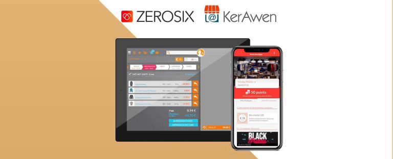 Écran de la caisse KerAwen à côté d’un téléphone portable où apparaît un message de la solution de fidélisation Zerosix.