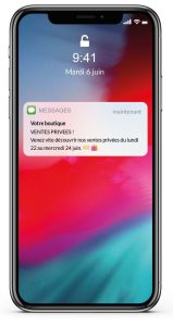 Écran de téléphone portable d'un client sur lequel apparaît un SMS promotionnel (vente privée).