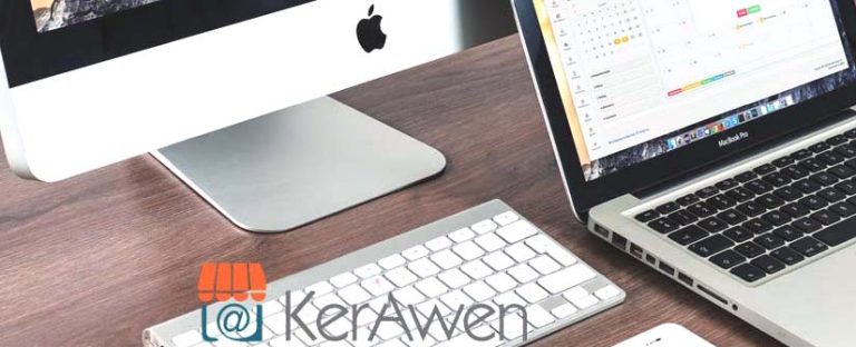 Un ordinateur à la pomme (Mac) et un iPad, avec en dessous le logo du logiciel de caisse KerAwen.