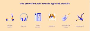 Extrait du site Internet d’Owen où apparaissent tous les produits qui peuvent être assurés par la société : produits liés aux nouvelles mobilités, produits high-tech, instruments de musique, etc. 