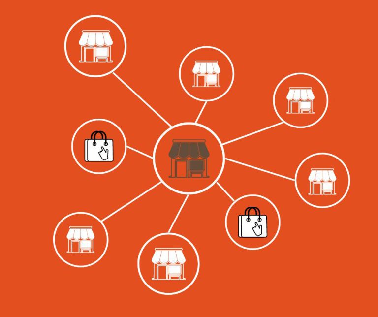 Schéma montrant des cercles représentant plusieurs magasins et sites reliés entre eux par un logiciel de caisse multisite.