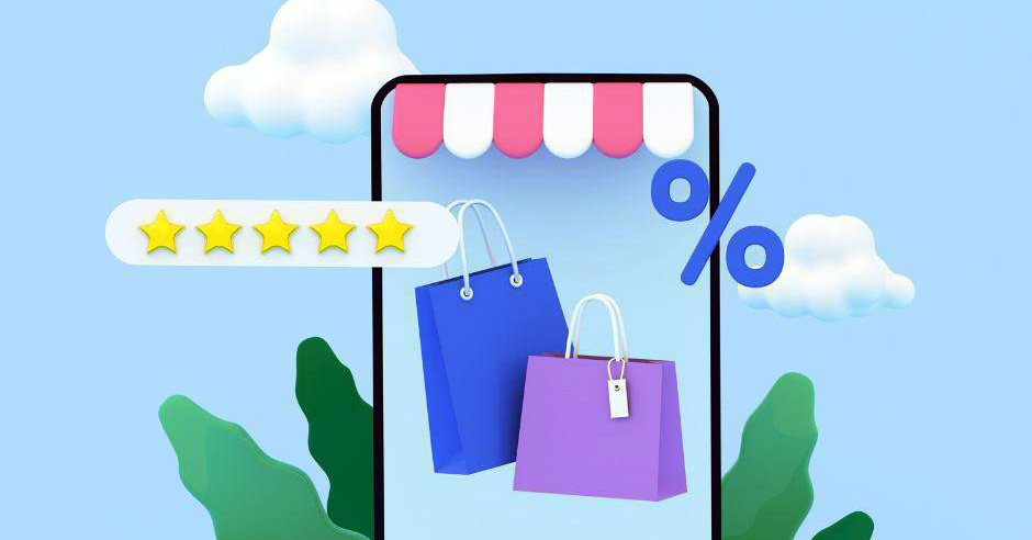 Dessin symbolisant la digitalisation de son commerce : téléphone portable sur l’écran duquel apparaissent le store d’un magasin, des paniers d’achats et 5 étoiles "satisfaction clients".